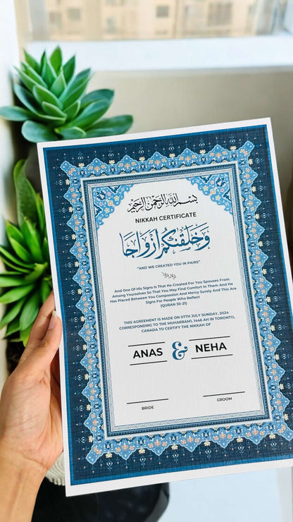 Luxury Nikkah Certificate - Afreen Blue